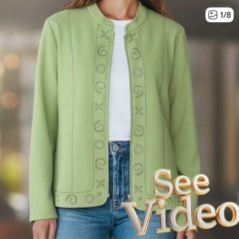 👛 (ANY 2/$40) ALLISON DALEY Green Zipper Jacket Sweater Sleeves Cutouts